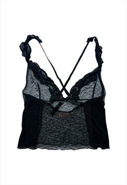 Vintage Y2K 00s Top Cami Vest lingerie mesh lace black