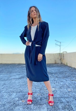 VINTAGE 80S REVIVAL TIE FRONT COCKTAIL DRESS BLUE WHITE