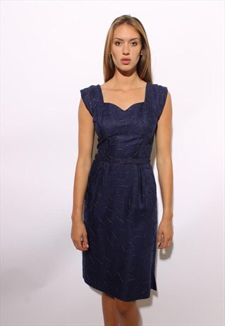 VINTAGE 1950'S 50'S FITTED BLUE MIDI DRESS EMBROIDERED M-L