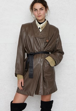 VINTAGE OVERSIZED GREY LEATHER COAT / JACKET