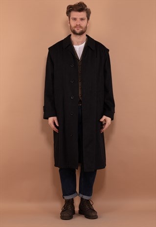 Vintage 90's Men Long Wool Blend Coat in Dark Grey