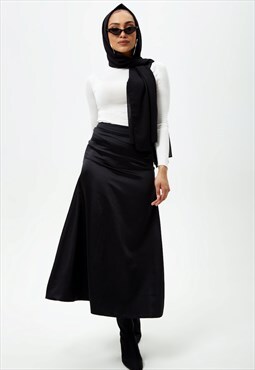 Black Bias Cut Satin Midi Skirt