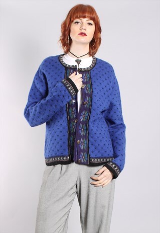VINTAGE 80S PATTERNED THICK KNIT WOOL CARDIGAN