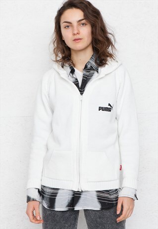 VINTAGE WHITE PUMA KNIT ZIP HOODIE CARDIGAN SWEATER
