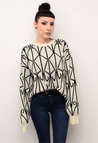 VINTAGE 90'S RETRO CREAM & BLACK PATTERNED CHUNKY JUMPER