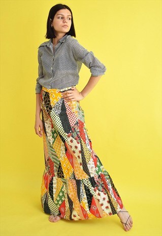 BEAUTIFUL 70'S RETRO VINTAGE PATCHWORK PRINT MAXI SKIRT