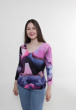 Vintage 90s watercolor blouse, purple pullover blouse