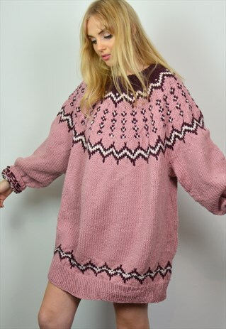 VINTAGE 70S PINK OVERSIZED CHUNKY WOOL KNIT JUMPER DRESS