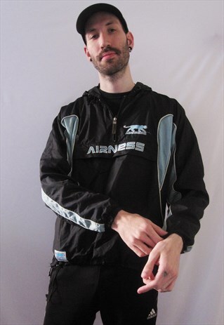 VINTAGE AIRNESS BLACK HALF ZIP WINDBREAKER JACKET STREETWEAR