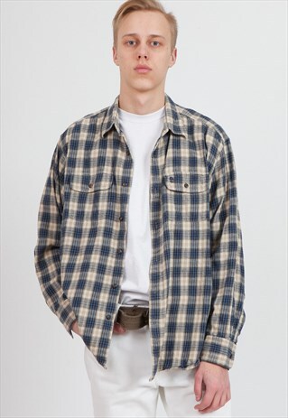VINTAGE BLUE TIMBERLAND LONG SLEEVE CHECKERED FLANNEL SHIRT
