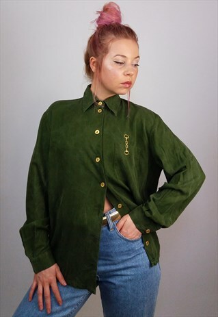 VINTAGE 80'S SILKY BUTTON-UP SHIRT / BLOUSE IN ARMY GREEN