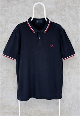 Fred Perry Navy Blue Polo Shirt Red White Tipped Men's XL