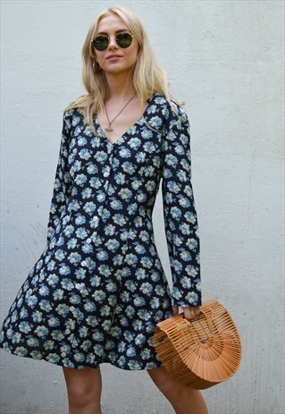 VINTAGE 90S NAVY BLUE FLORAL LONG SLEEVE SUMMER MINI DRESS
