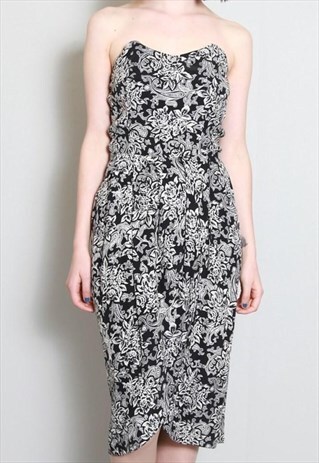 VINTAGE 1980'S STRAPLESS BLACK & BEIGE FLORAL DRESS