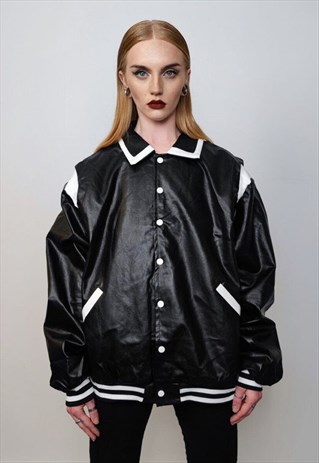 FAUX LEATHER UTILITY JACKET BIKER PU AVIATOR RETRO IN BLACK