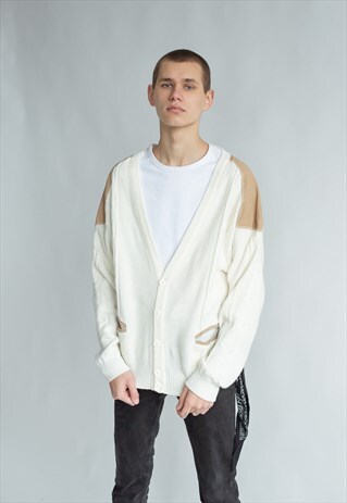 VINTAGE 80S FUNKY CREAM CARDIGAN WITH CONTRAST DETAIL
