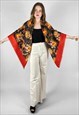 70'S VINTAGE LADIES RED BLACK FLORAL FRINGED SHAWL SCARF