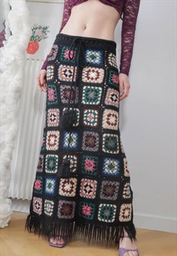 Vintage boho hippie multicolor crochet maxi skirt 