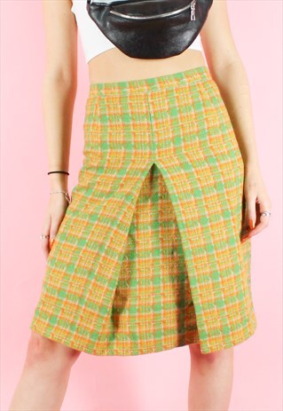 VINTAGE 90S SKIRT TARTAN LIME GREEN CHECK PLEATED MIDI