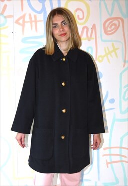 Coat Black Wool Burberry Check Lining Gold Buttons Size 14