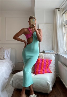 Mint and Pink Cut Out Ribbed Midi Dress