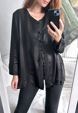 Satin Black Striped Loose Jacket - L