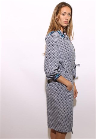 VINTAGE 80S PRINTED EQUESTRIAN BLUE SHIRT DRESS XL