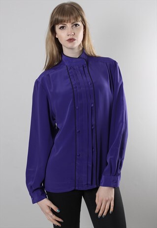 VINTAGE 80S PURPLE DOUBLE BREASTED HIGH NECK BLOUSE TOP