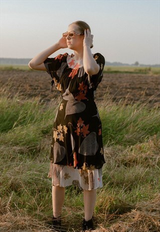 VINTAGE 80S MIDI FLORAL BATWING SLEEVE CONTRAST NECK DRESS