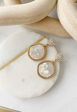 Gold Cream Dainty Diamante Faux Shell Organic Drop Earring
