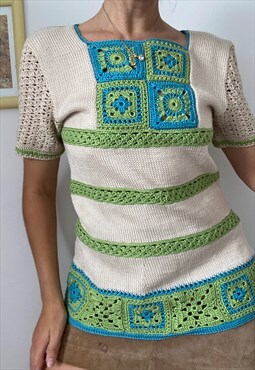 Vintage 60s Mod Boho Crochet knitted handmade blouse top