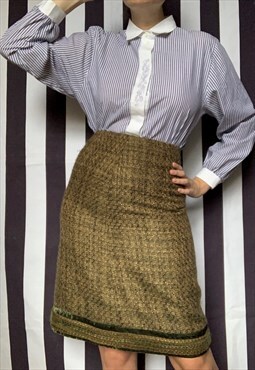 Vintage 80s green beige tweed pencil skirt, UK10/12 Medium