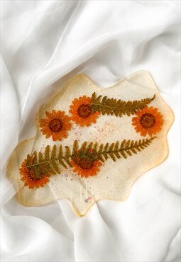 Handmade Orange Pressed Daisies and Fern Glitter Coaster