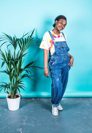VINTAGE DUNGAREES IN BLUE DENIM WITH EMBROIDERY BUTTERFLIES
