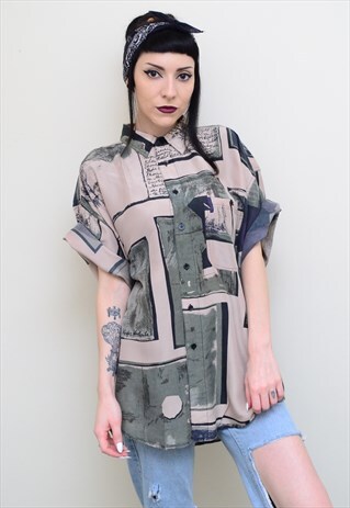 VINTAGE 90'S ABSTRACT INDIE PATTERNED OVERSIZED SHIRT