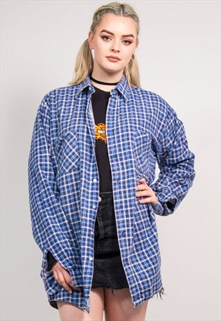 90'S VINTAGE OVERSIZE BLUE CHECK GRUNGE FLANNEL SHIRT