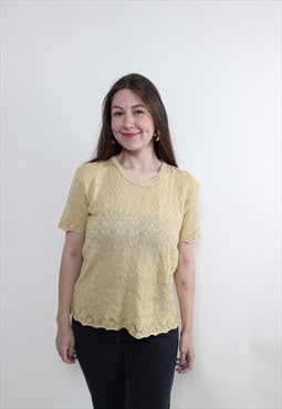 90s Vintage Knit Blouse Retro Yellow Pullover Lace Top 