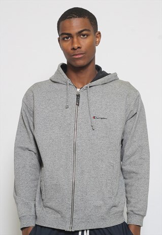 VINTAGE CHAMPION FULL ZIP LOGO HOODIE GREY
