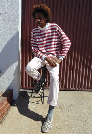 90S PREPPY SKATER LUXURY HORIZONTAL STRIPE MOCK NECK TEE XL
