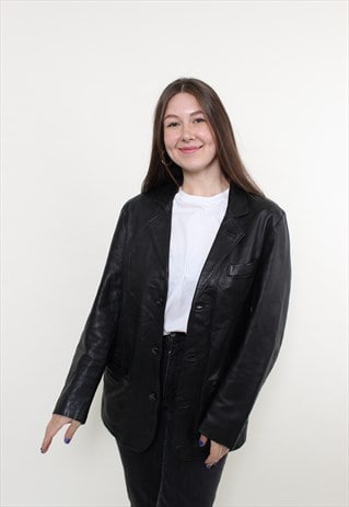 90S BLACK LEATHER TRENCH JACKET,  VINTAGE WOMEN MINIMALIST 