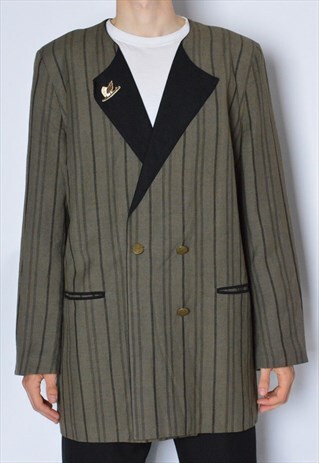 VINTAGE 70S UNISEX KHAKI BLACK STRIPED LINEN BLEND BLAZER