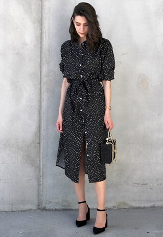 SPOT BUTTON DOWN MIDI DRESS