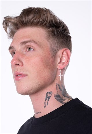 LARGE HOOP HANGING CROSS CRUCIFIX EARRING - SILVER