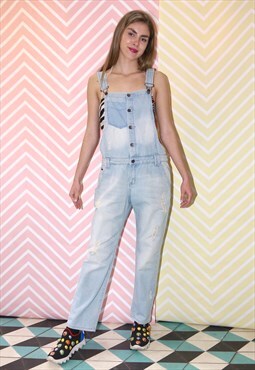Dungarees Vintage 90s Pale Denim Distressed, Rips Small  Xs