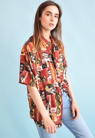 90'S RETRO ABSTRACT PRINT OVERSIZED DADS BLOUSE TOP