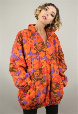 VINTAGE 90S OVERSIZED ORANGE PATTERNED 1/4 ZIP FLEECE