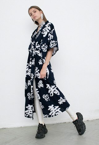VINTAGE DARK BLUE KIMONO ROBE HIEROGLYPH PATTERN WIDE ARM