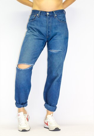 VINTAGE 501 DISTRESSED DYED BLUE BOYFRIEND JEANS