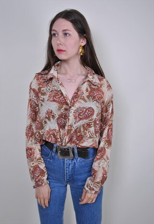 VINTAGE BUTA PRINT BLOUSE, 80S ARABIC PATTERN WOMEN SHIRT