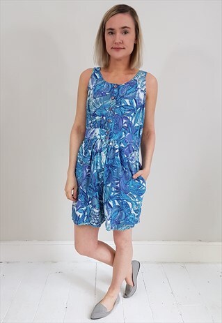 VINTAGE 90'S BLUE FLORAL BUTTON PLAYSUIT W/ CUT OUT BACK